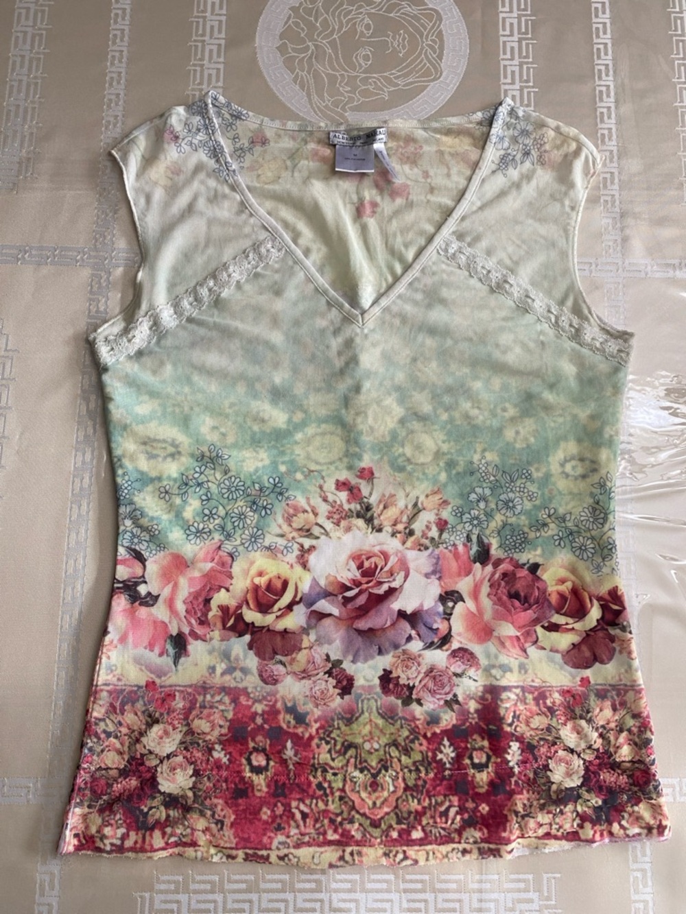 Alberto Makali Pastel Green and Pink Floral V-Neck Tank
